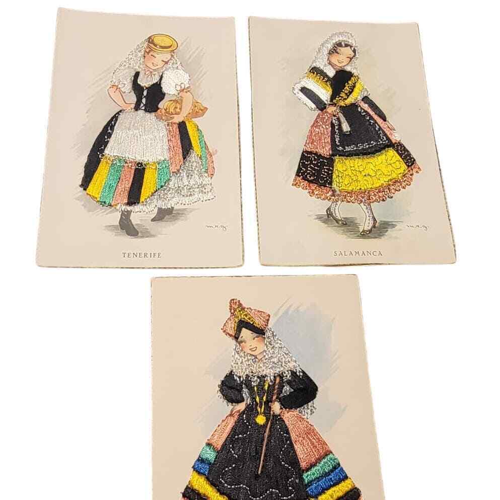 Lot of 3 vintage Embroidered postcard Artist M.N.G. made in Spain. 