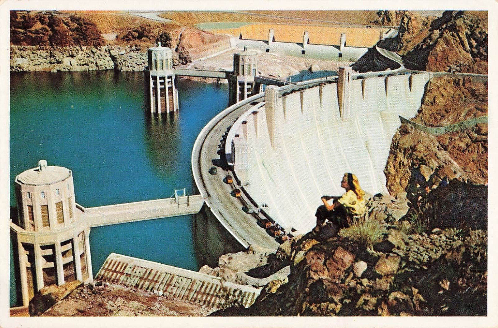 Postcard Aerial Massive Hoover Dam Colorado River Union Pacific RR Pictorial