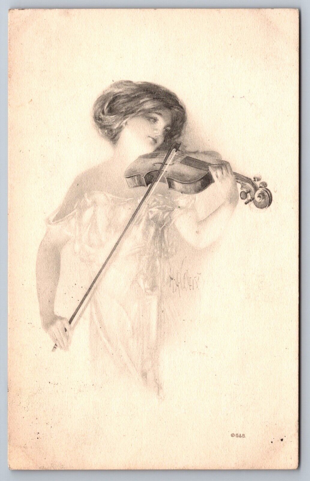 Postcard Victorian Beauty Woman In White Dress Playing Violin Artist Signed