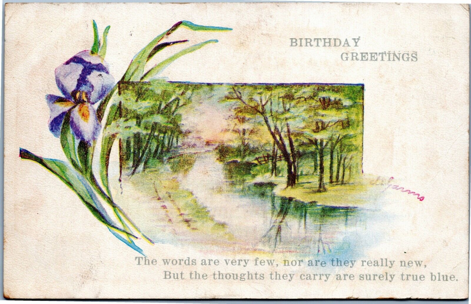 Birthday Greeting - river scene - January 1921 Greenforks Indiana post