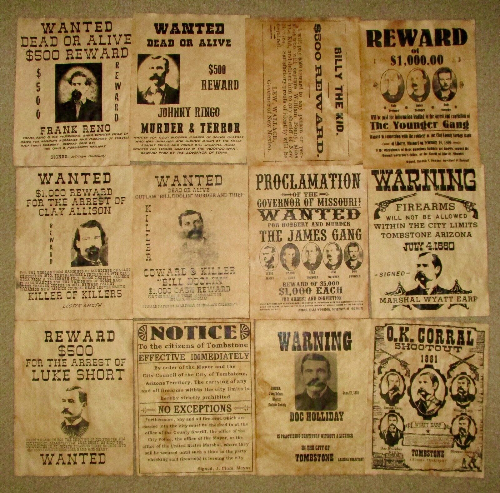 Wanted Posters Old West  Jesse James - Doc Holliday - Tombstone - Wyatt Earp 12