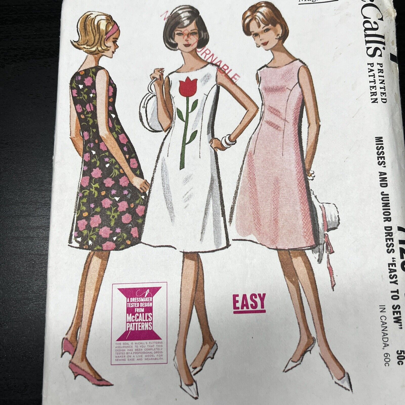 Vintage 1960s McCalls 7129 Mod Tulip Applique Dress Sewing Pattern 13/14 XS CUT