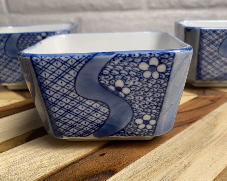 Japanese Square Sushi Soup Bowls 3 1/4” Blue Art Deco 4 PC