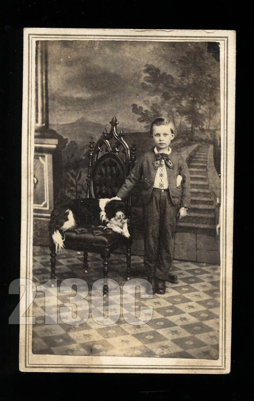 1860s CDV Photo ~ Little Boy with Dog + Posing Stand ~ North Vernon Indiana