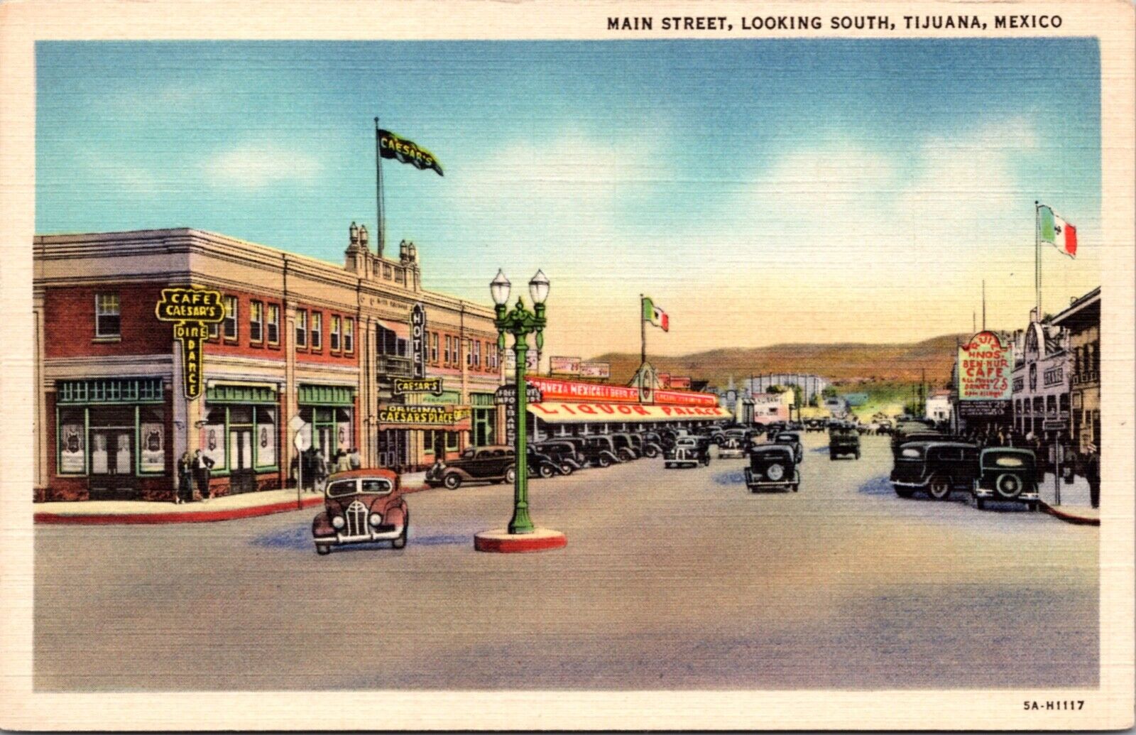 Linen Postcard Main Street, Looking South in Tijuana, Baja California, Mexico