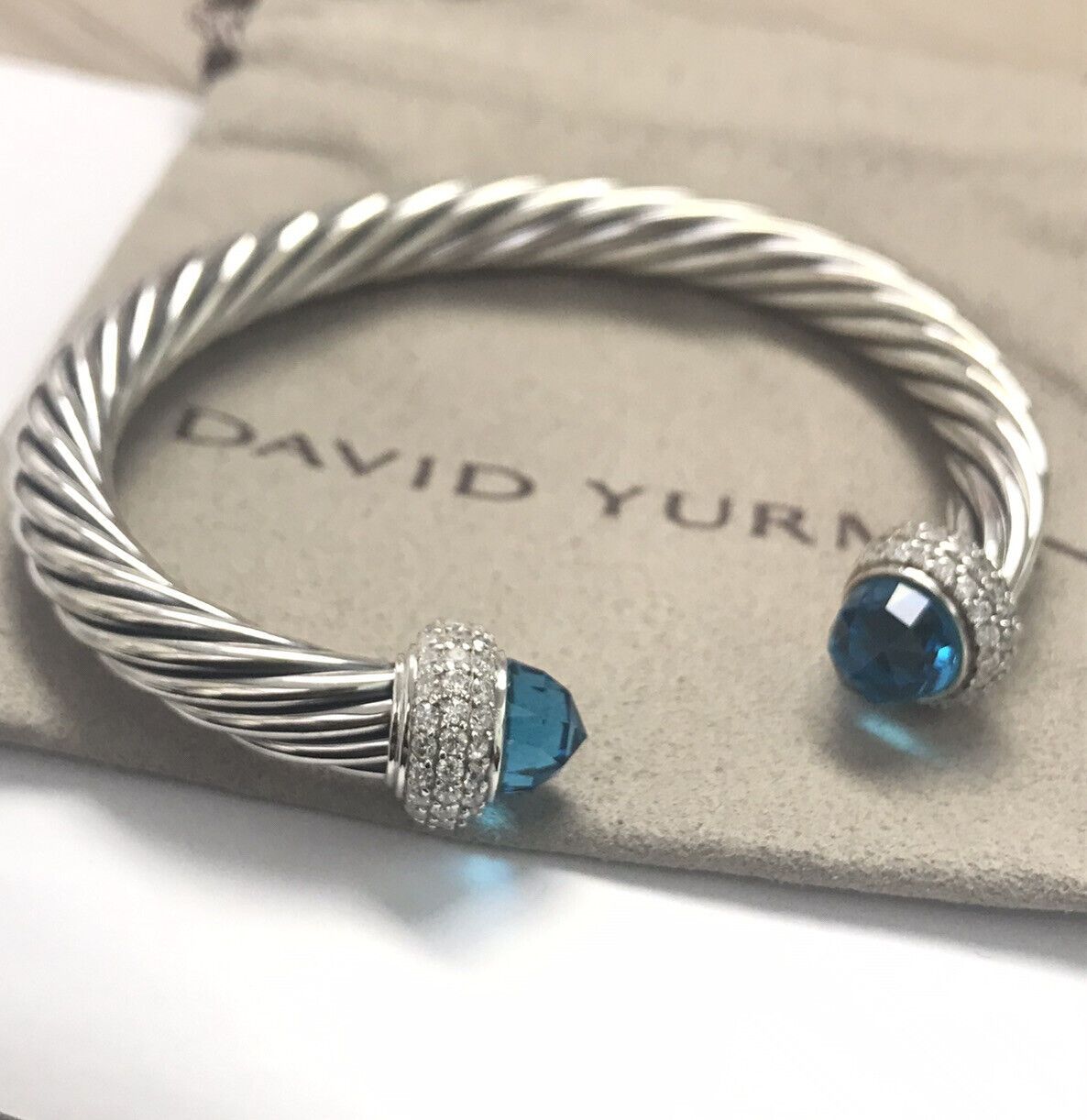 David Yurman 925 Silver 7mm Candy Blue Topaz  & Diamond Cuff Bracelet Medium