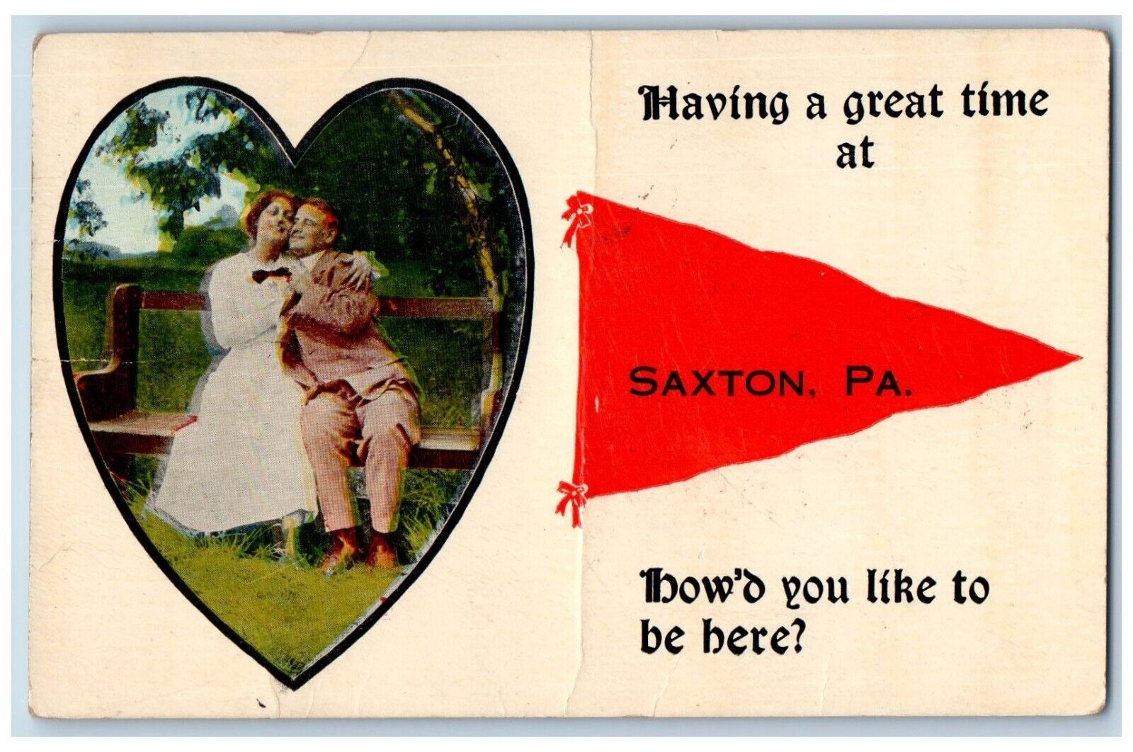 Saxton Pennsylvania Postcard Having Great Time Couple Bench 1917 Pennant Vintage