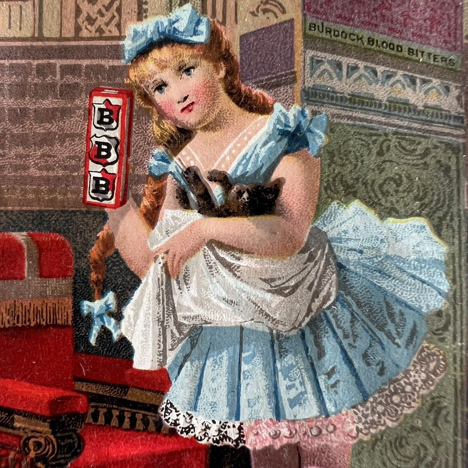 Victorian Era Trade Card Burdock Blood Bitters Alice in Wonderland Girl Kitten