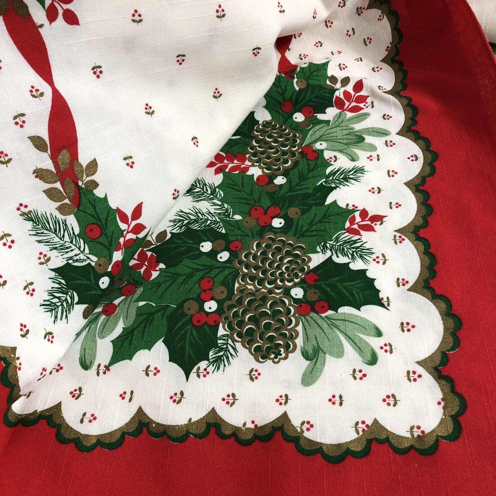 Vintage Christmas Tablecloth Pinecone Holly 60x103” by SUNWEAVE