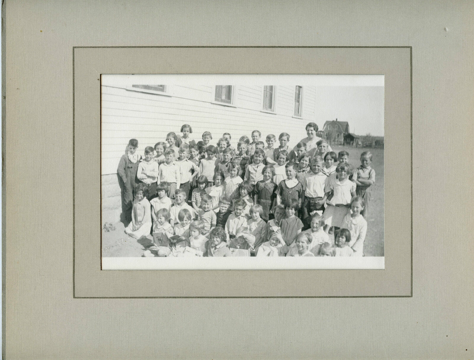 Antique Matted Photo-Group-School Children Outside-Teacher-Names-ID-Bangor No 3