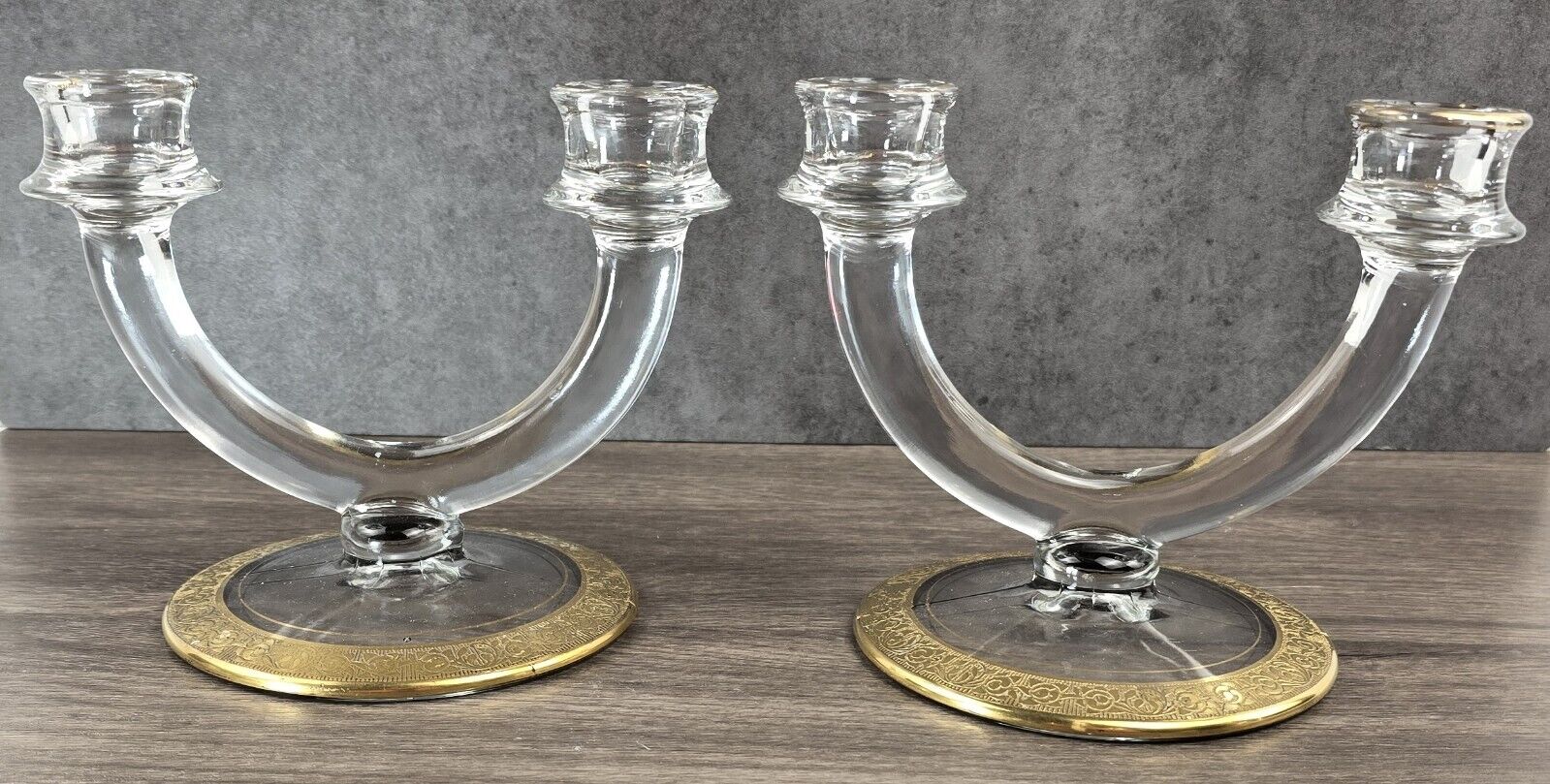 Set of 2 Double candlestick holders Rambler Rose Gold encrusted rims - lotus