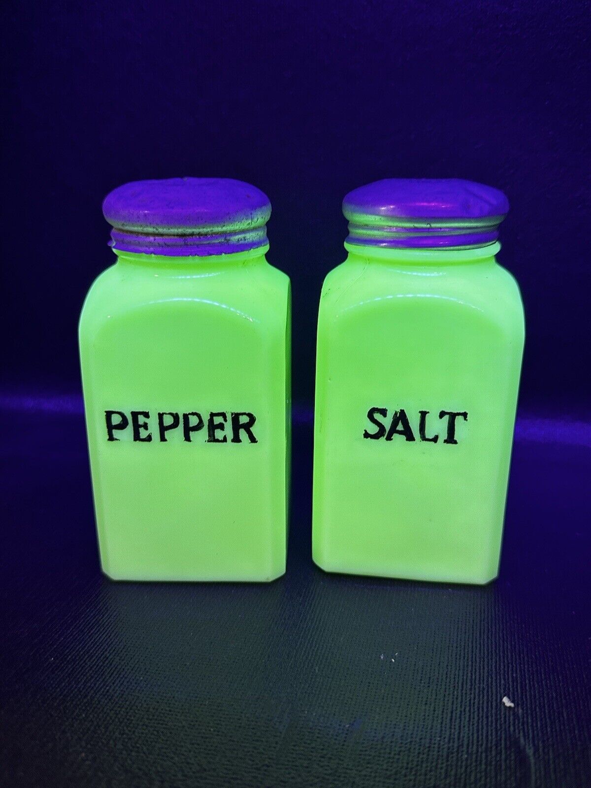 Pair of Vintage Jeanette Square Green Uranium Jadeite Salt & Pepper Shakers