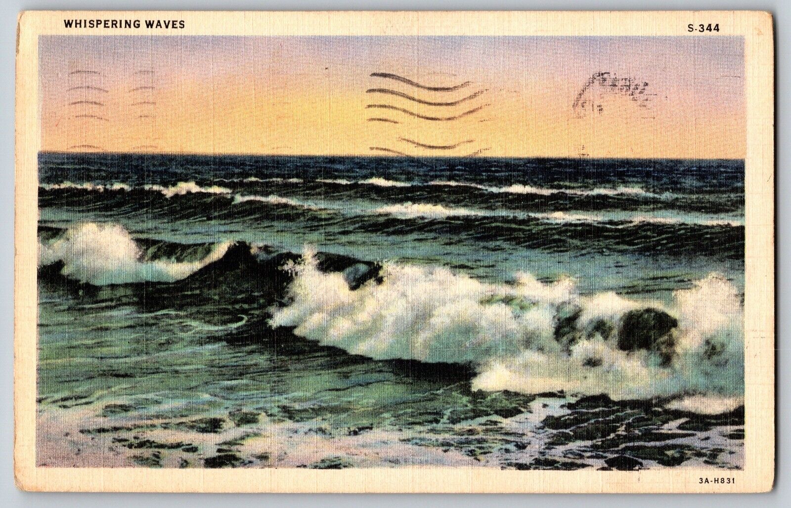 Greetings - Whispering Waves Surf - Seashore - Linen - Vintage Postcard - Posted
