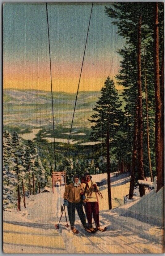Vintage 1952 NEW MEXICO Skiing Postcard Chair Lift Scene / Skiers / Linen