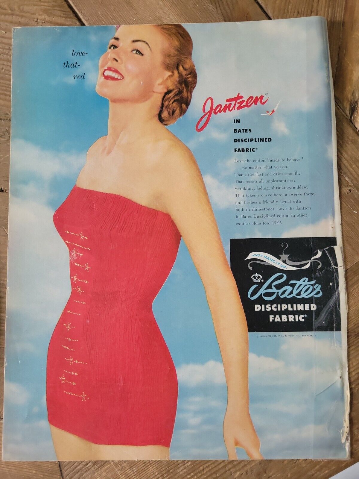 1946 Bates Disciplined fabric womens red Jantzen swimsuit vintage  ad AS IS