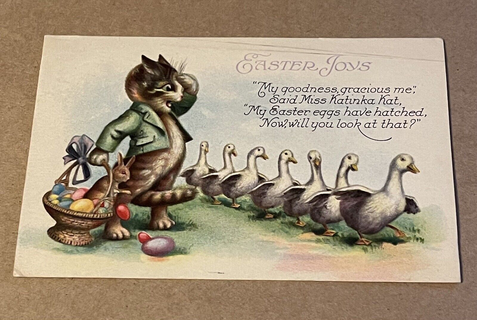 Vtg 1928 Anthropomorphic Cat Easter Joys Postcard