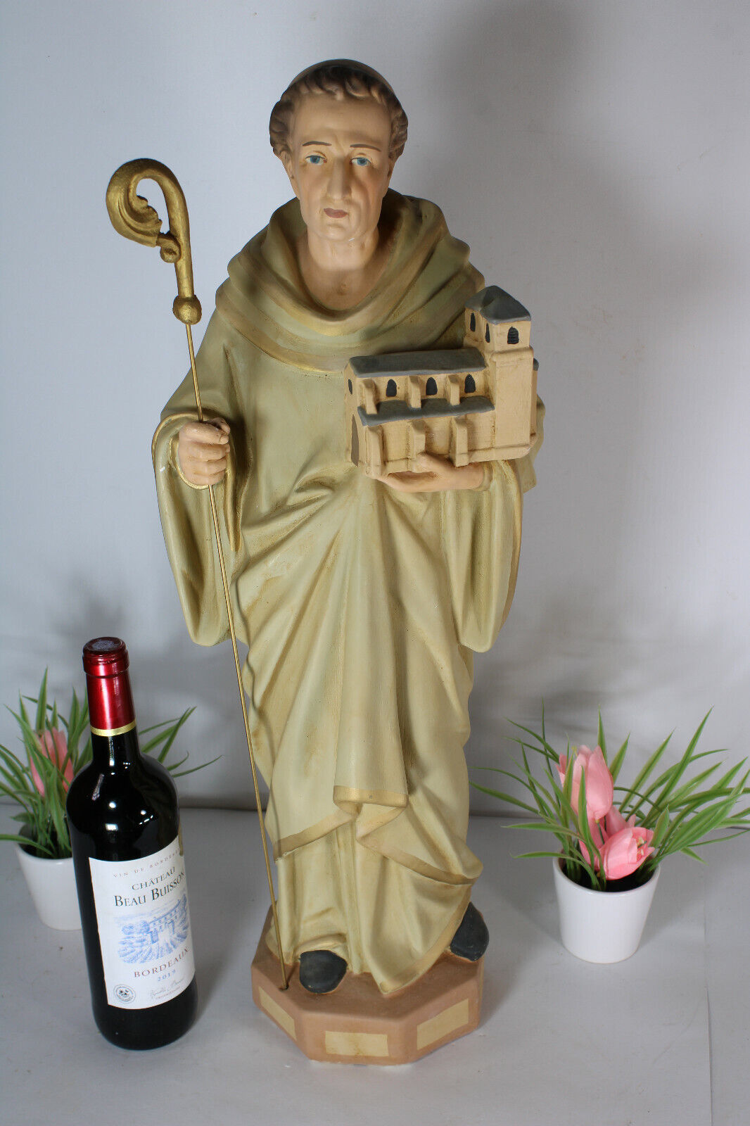 XL Antique chalkware Saint trudo Sint truiden flemish city saint Figurine statue