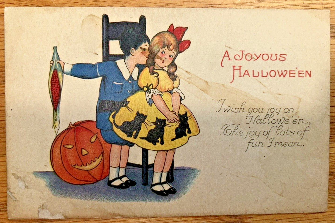 Antique Postcard A Joyous Halloween JOL Corn Black Cats Boy Girl Spooky Unused