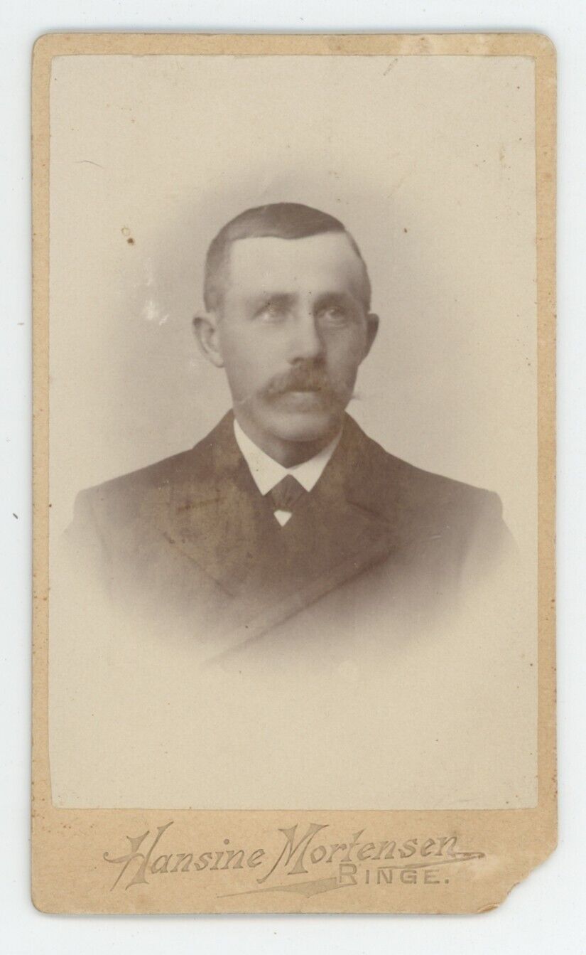 Antique CDV Circa 1870s Handsome Man With Mustache Wearing Suit Ringe Denmark