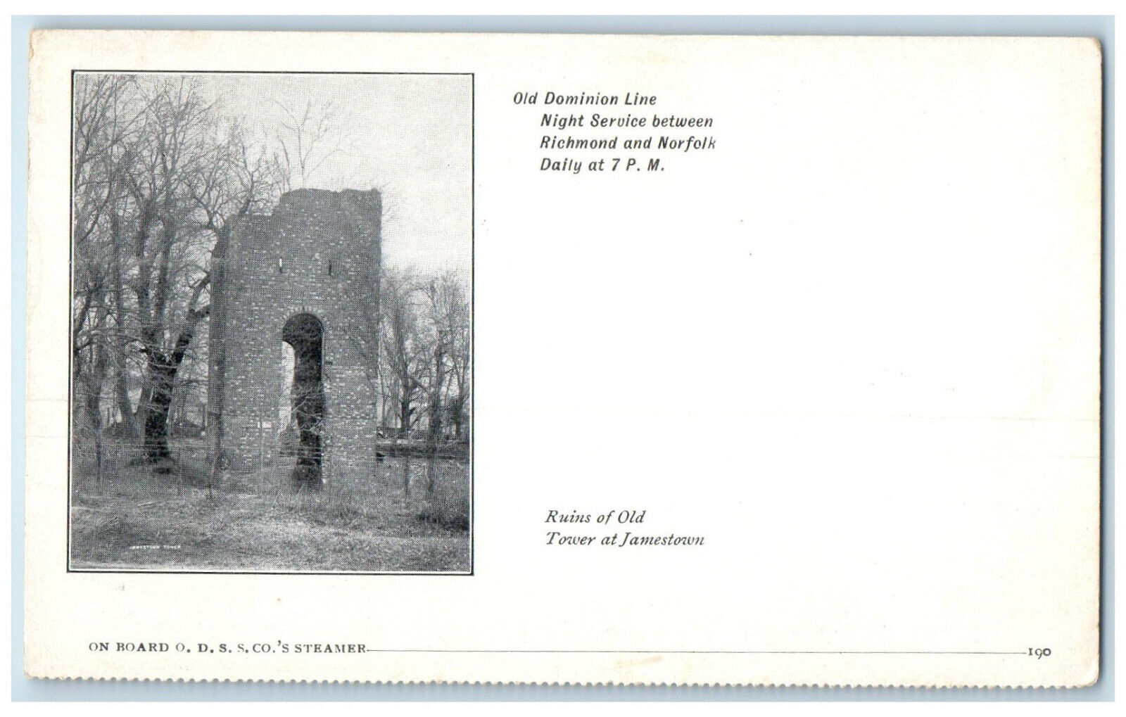 c1900\'s Old Dominion Line Steamer Ruins of Old Tower at Jamestown VA Postcard