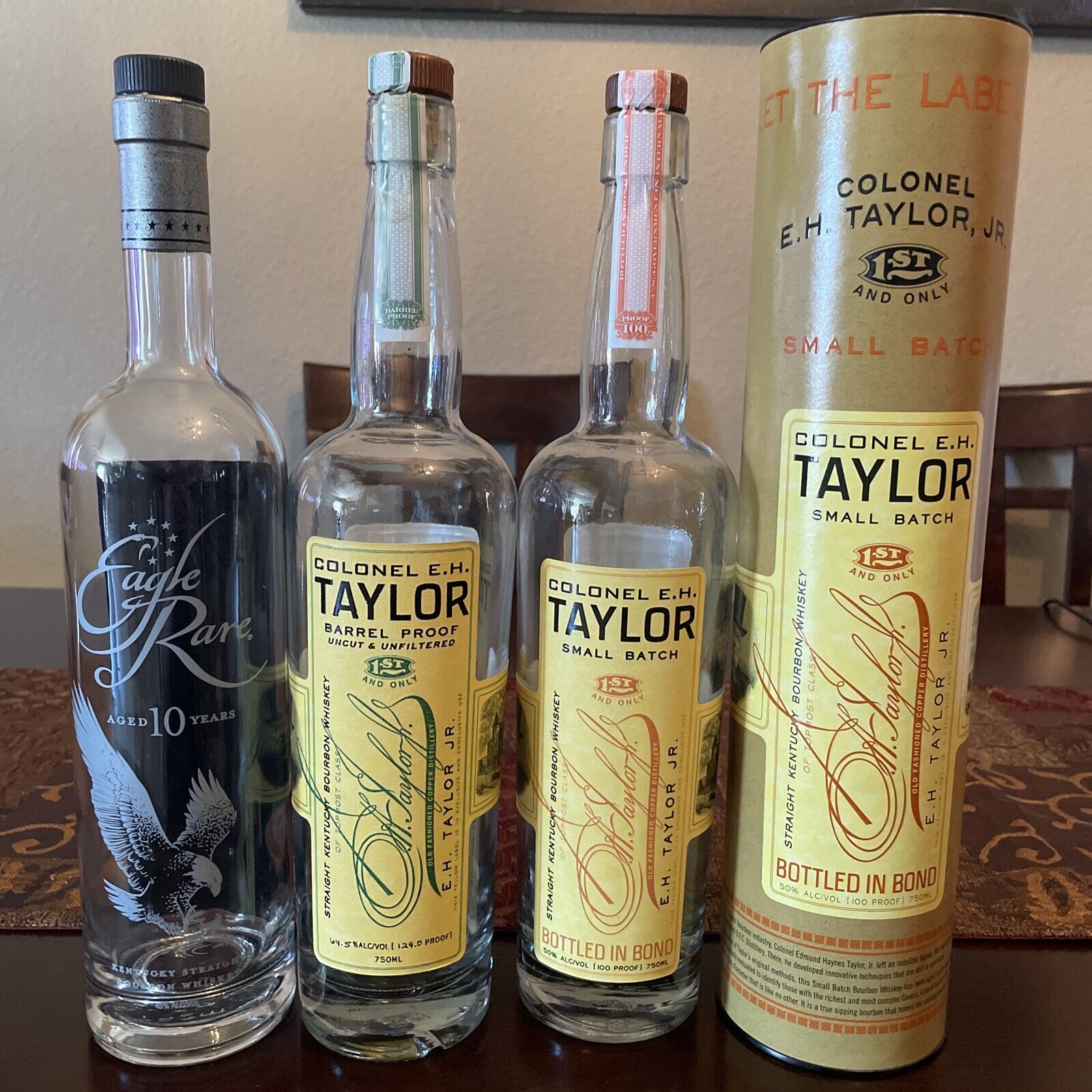 3 Empty Bottle Lot: Eagle Rare 10, E.H. Taylor Small Batch, Barrel Proof