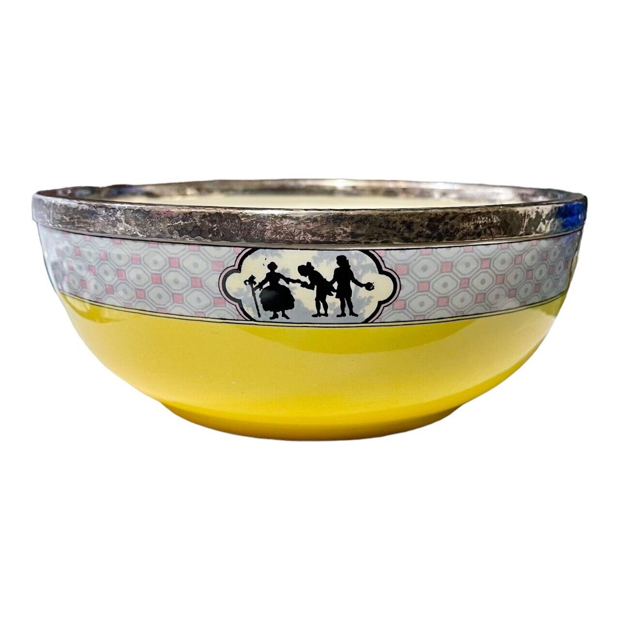 Baker & Co Porcelain Bowl Yellow Silver Rim Victorian Silhouette England Antique