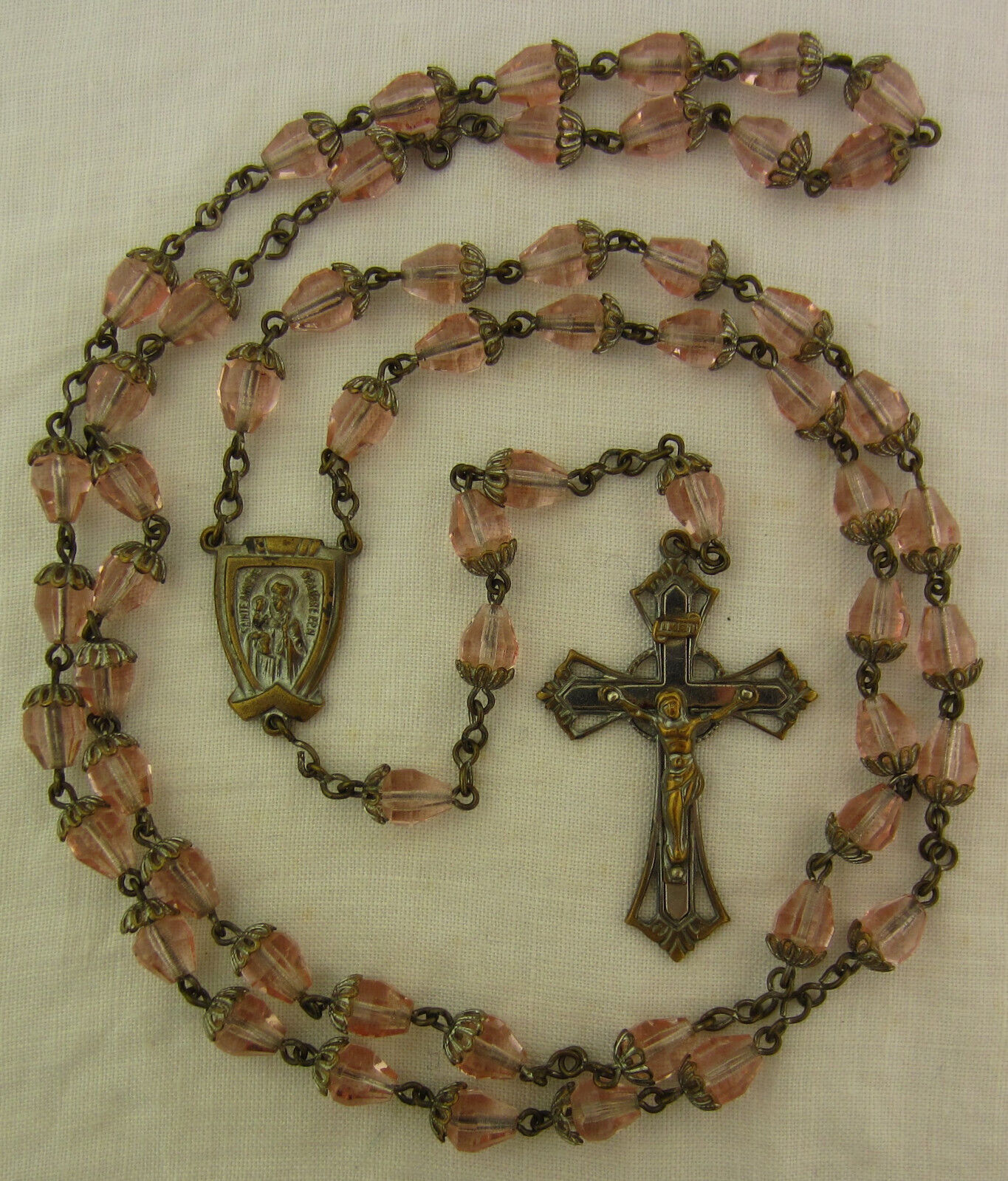 Vintage Saint Anne Beaupre Pink Glass Teardrop Bead Capped Rosary Rose Color