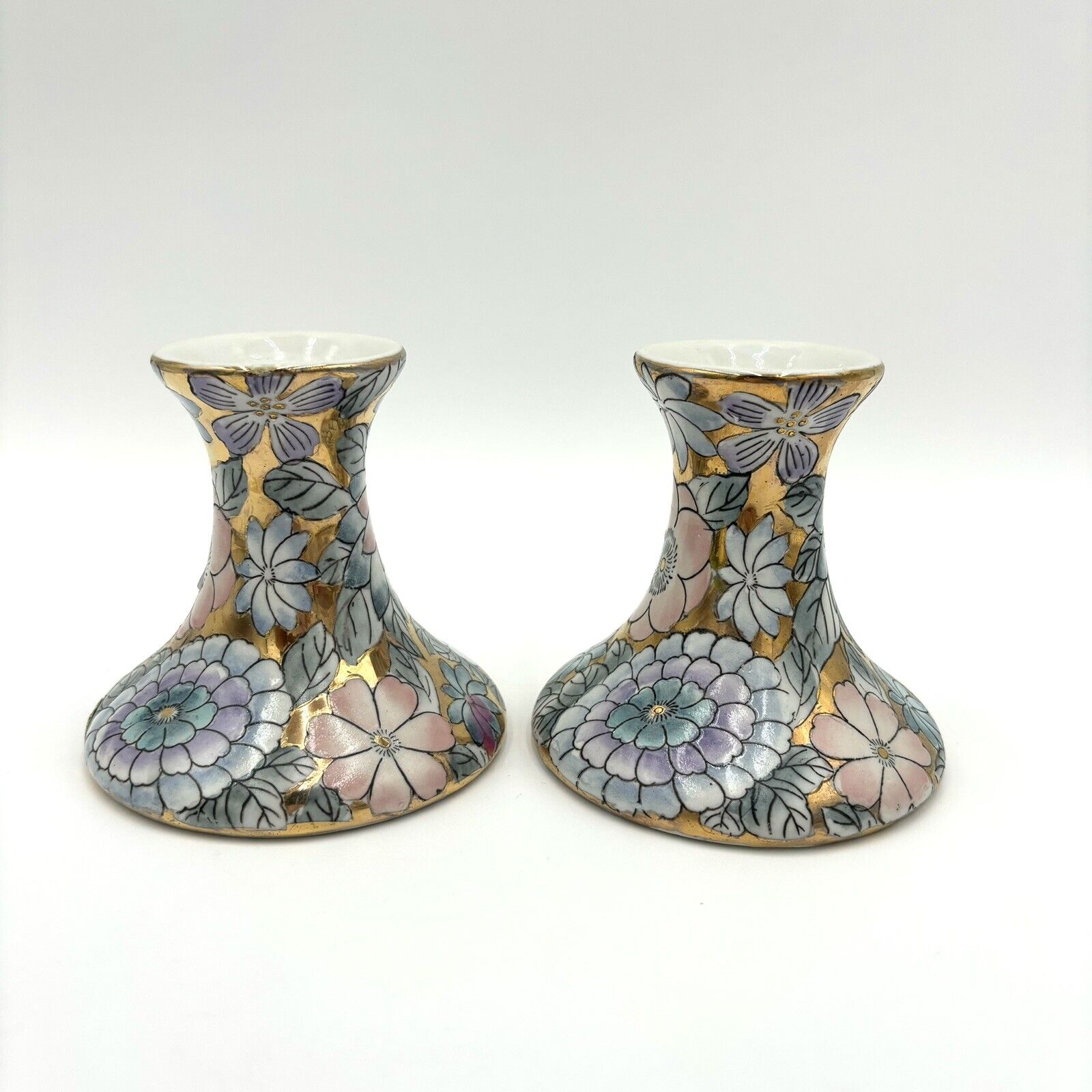 Toyo Golden Peony Candlestick Holders Porcelain Macau 2/pair 