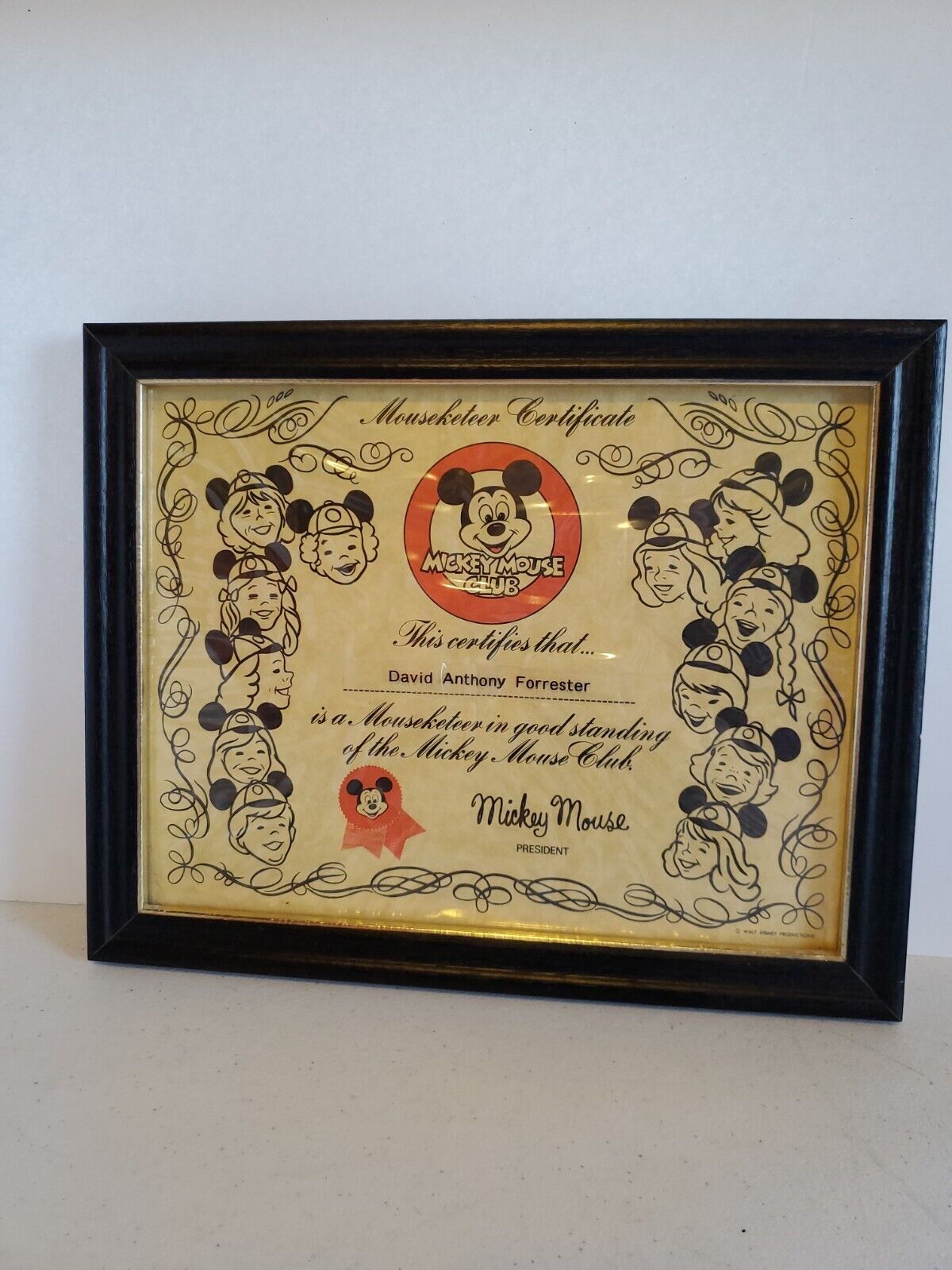 Mickey Mouse Club - Authentic Certificate - For a Mouseketeer Membership Framed