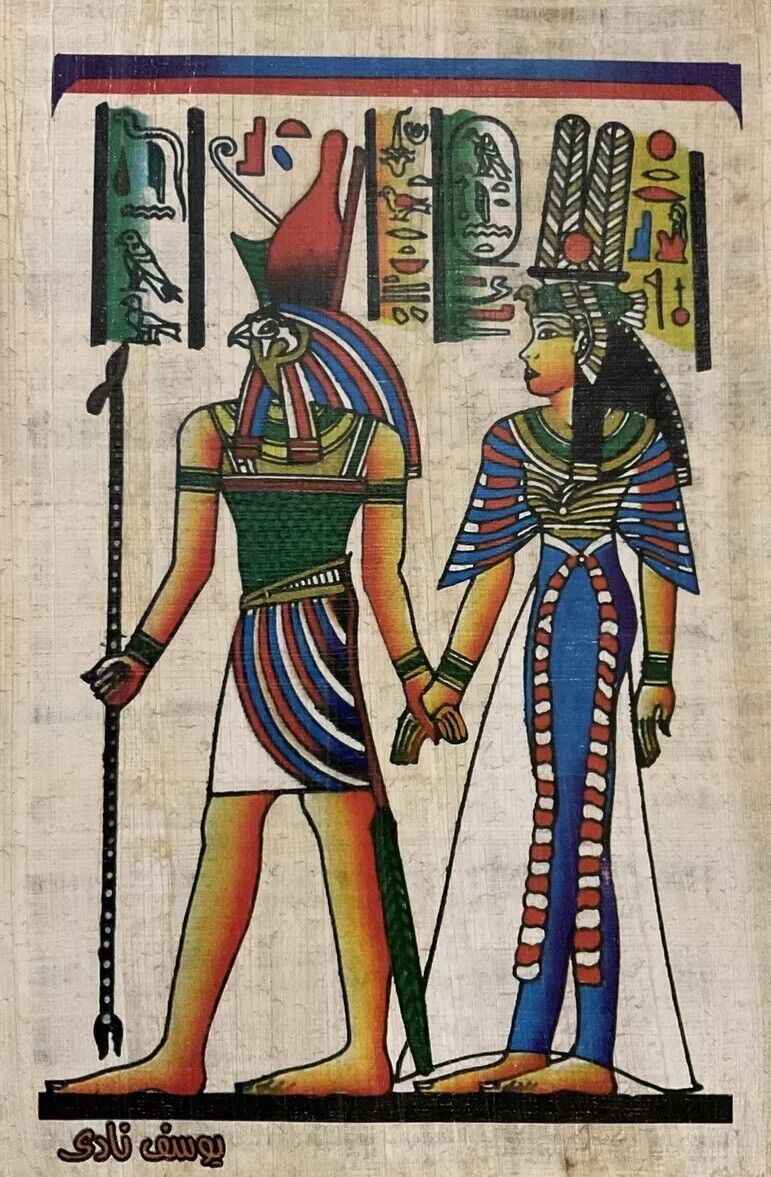 Handmade Egyptian papyrus-Queen Nefertari and G.Horus 8x12”