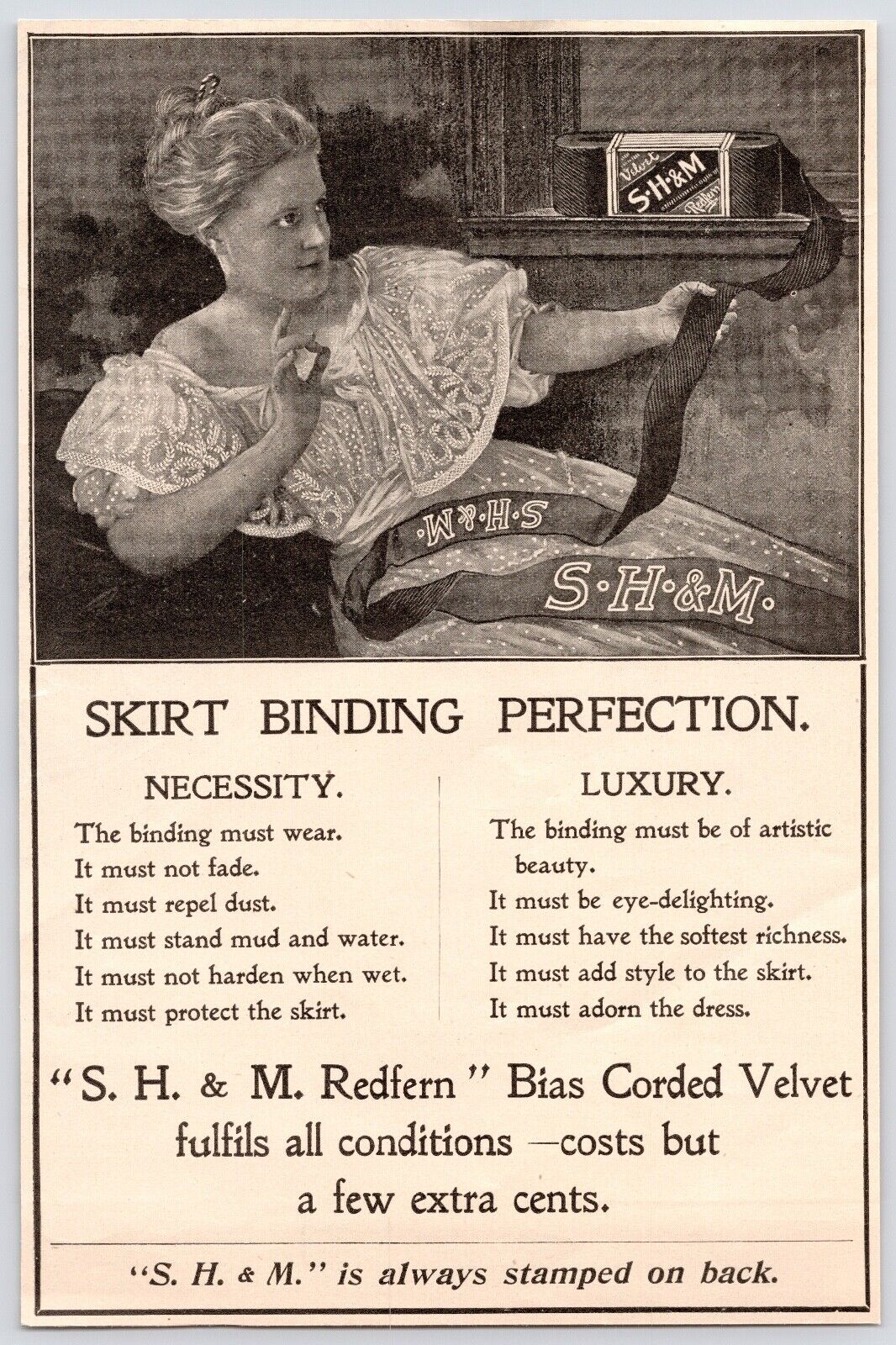 c1890s SH&M Velvet Skirt Binding Victorian Lady Fashion Art Antique Print Ad