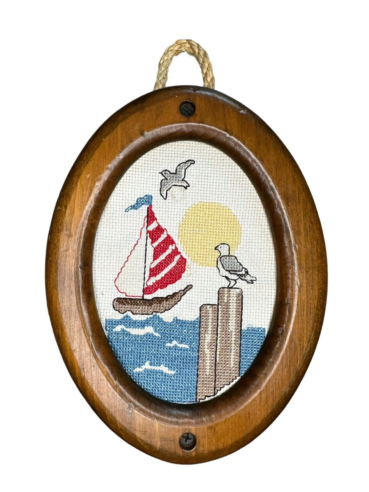Vintage Handmade Cross-Stitched Nautical Decor Wall Hanging, Traditional Sailor