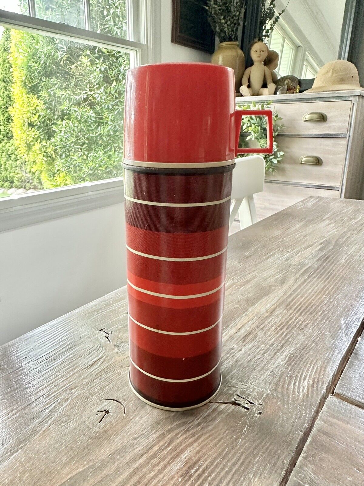 Vintage 1970’s Thermos, Red Striped, Collectible