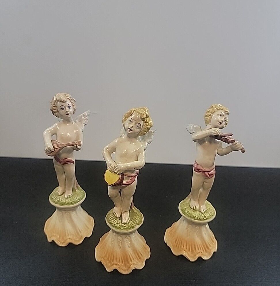 Trio Of Antique Angels Musicians Porcelain Bassano Figures Angelic 6.5\