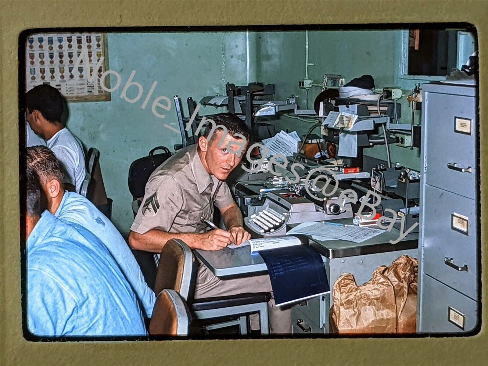 1967 USS Galveston Office Staff at Work Vietnam Ektachrome 35mm Slide