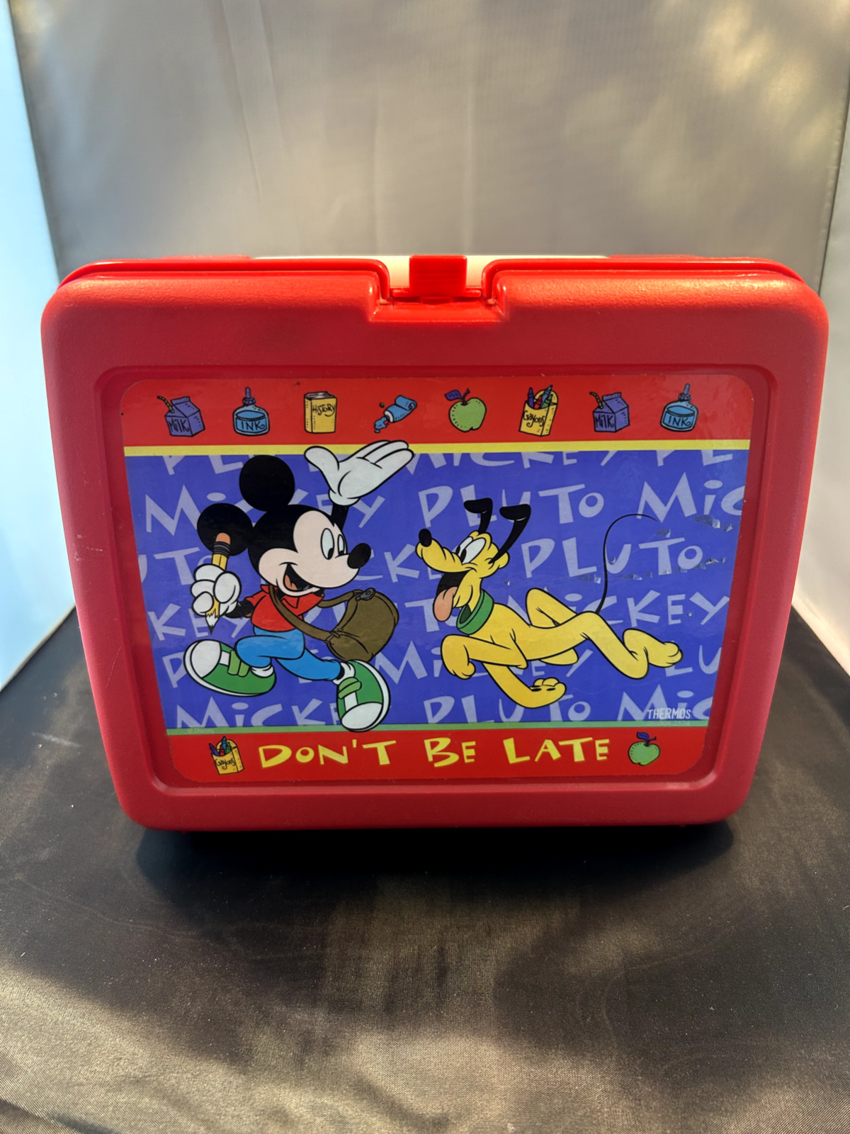 Vintage Mickey & Pluto Don't Be Late Plastic Red Lunch Box With Thermos used