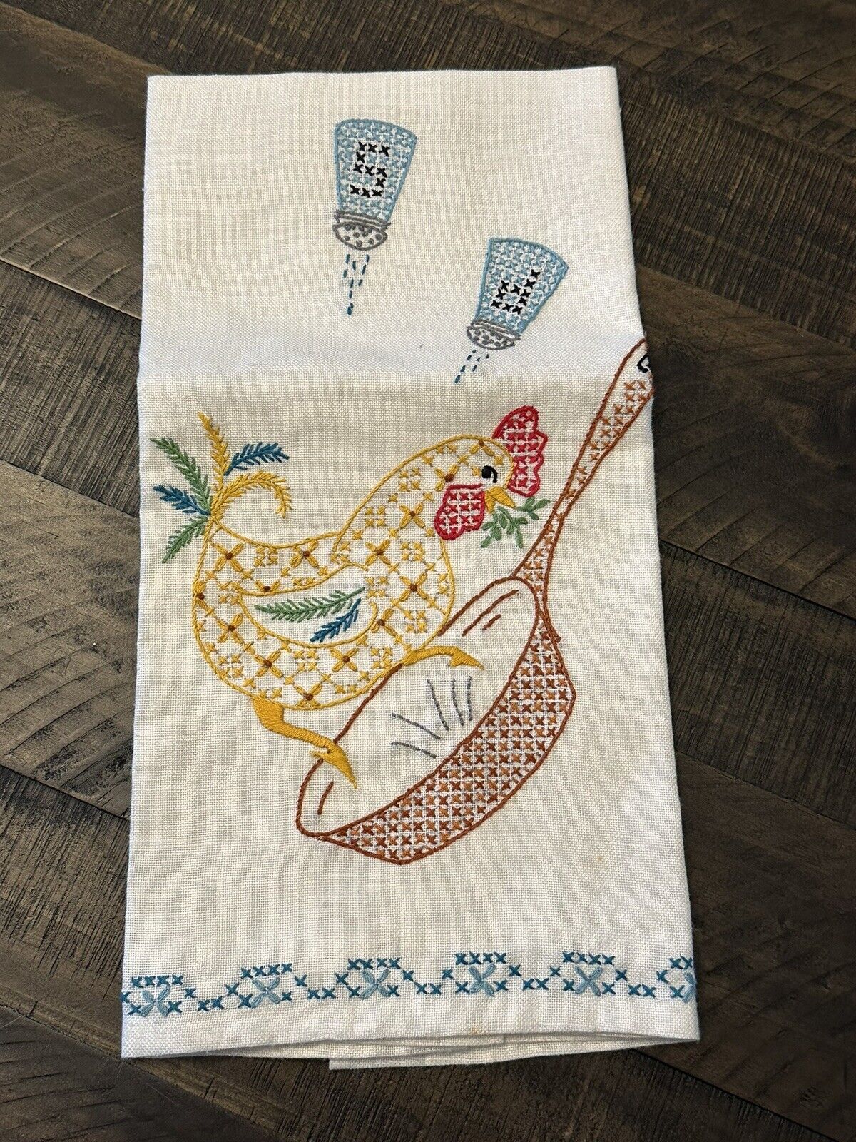 Vintage Linen Kitchen Tea Towel Hand Embroidered Chicken salt pepper Adorable