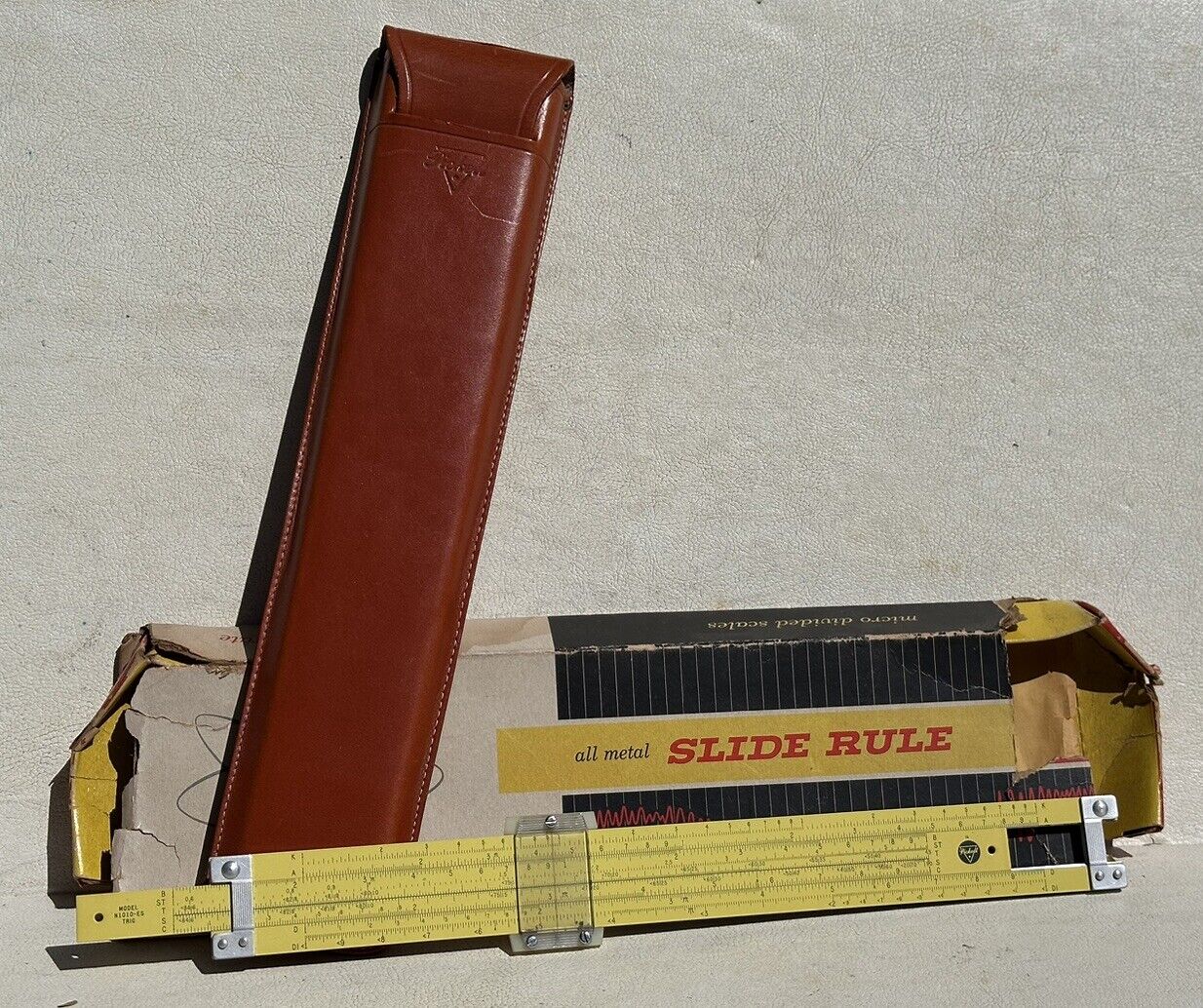 Vintage 1959 Pickett Model N1010-ES TRIG All Metal Slide Rule Ruler Leather Case