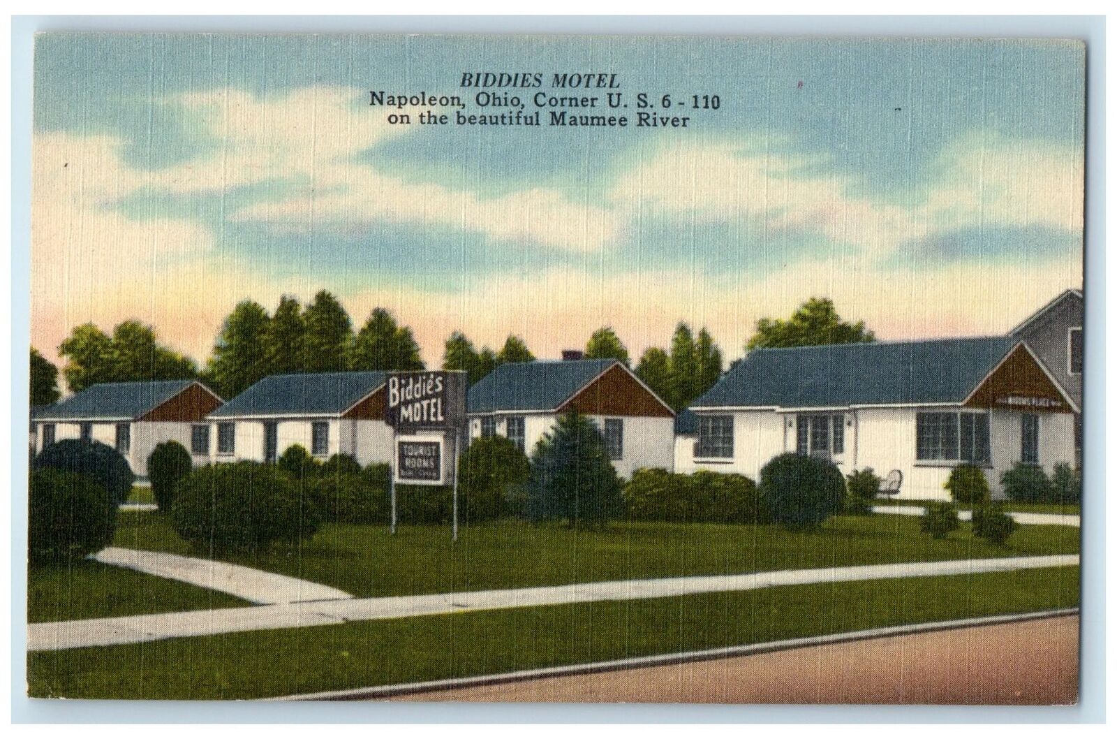 Napoleon Ohio OH Postcard Biddies Motel Exterior Roadside Signages c1940 Vintage