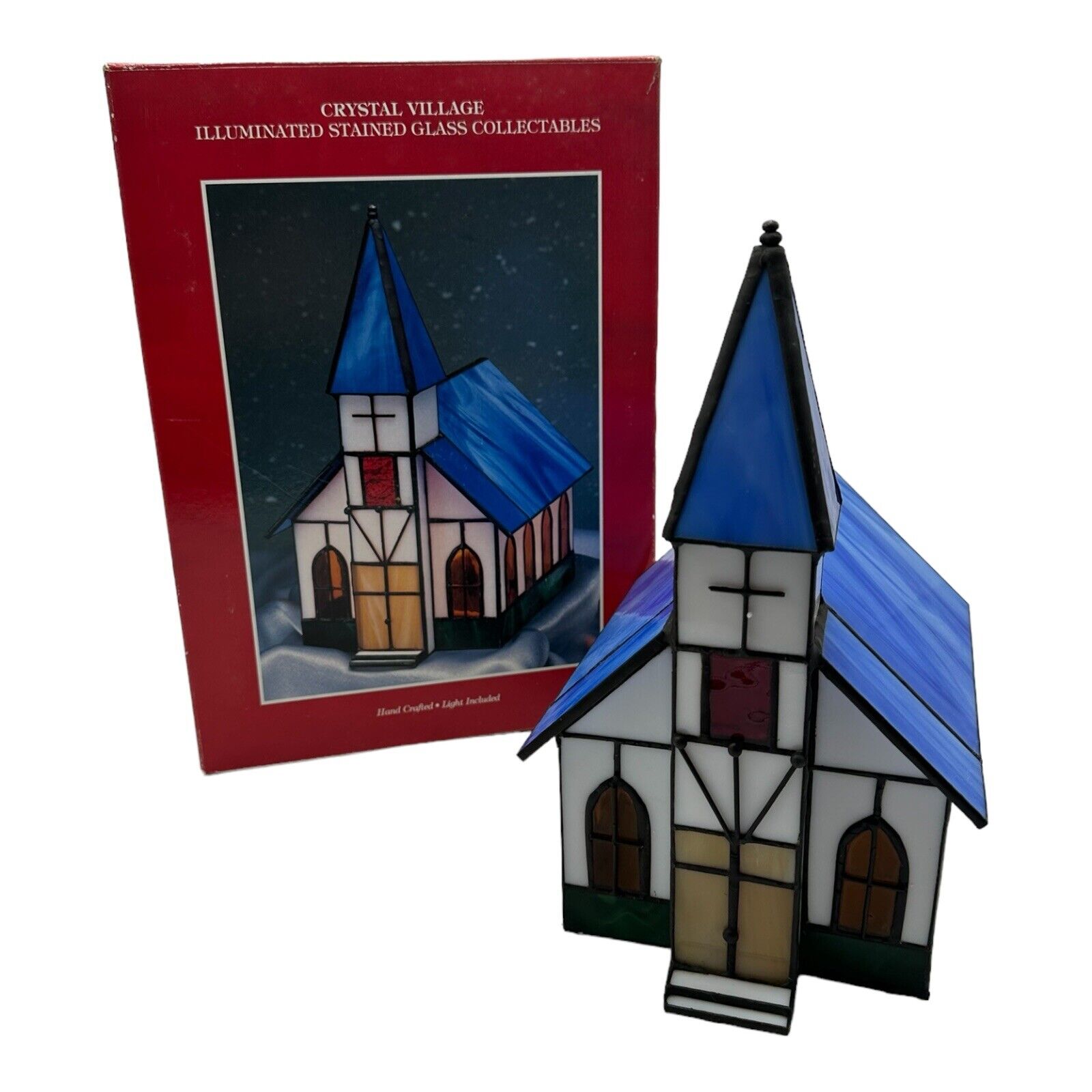 VTG 1994 Crystal Village Lighted Stained Glass White Church Blue Roof w/ Box