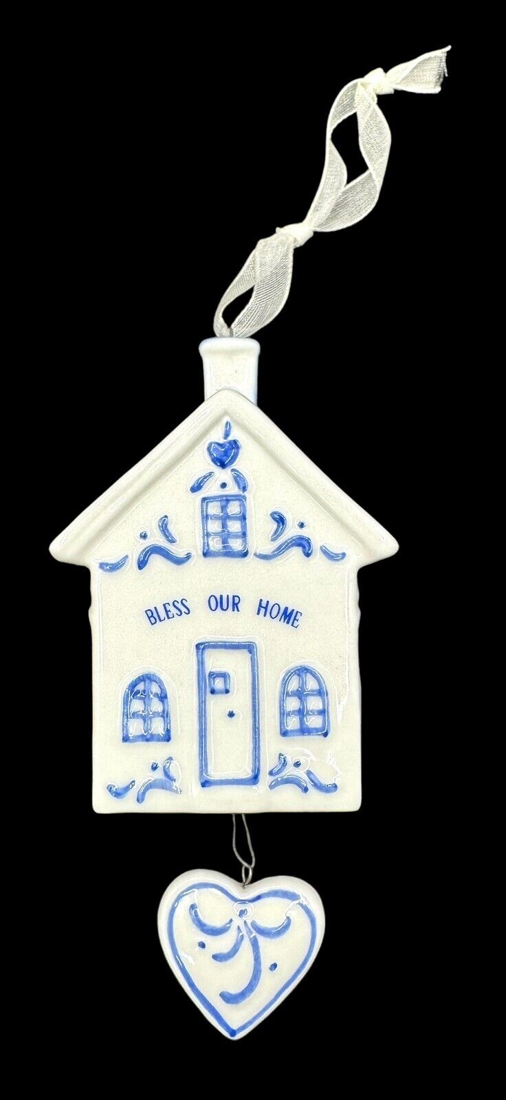 Ceramic Bless Our Home Hanging Ornament White Blue House Heart 3.25 inches