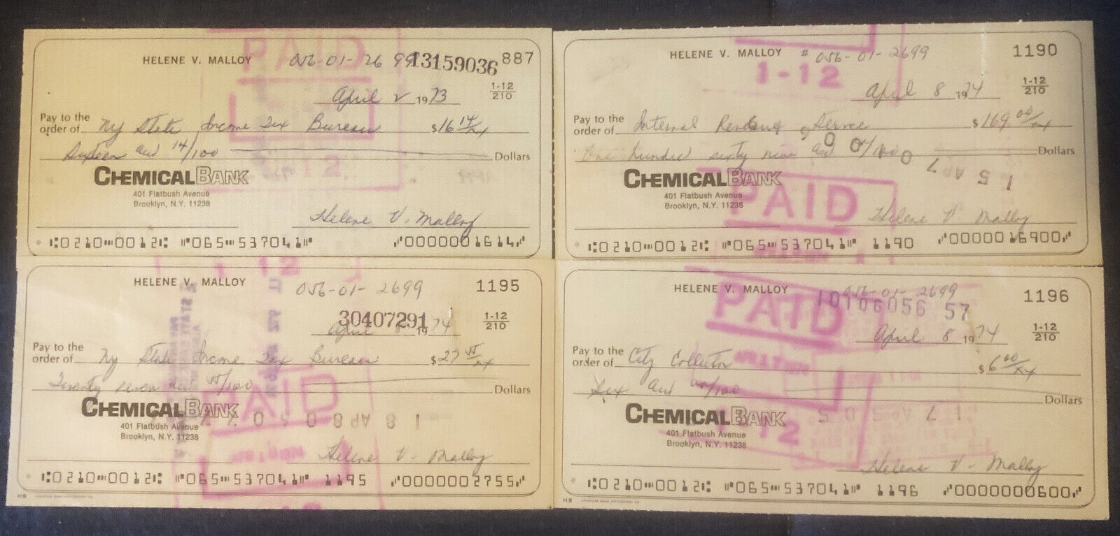 rare LOT OF 4 - CHEMICAL BANK - NEW YORK - CANCELLED BANK CHECK 1973 - 1974