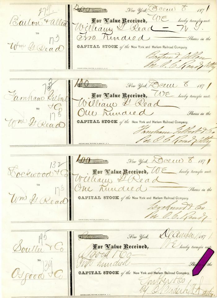 New York and Harlem Railroad Co. Sheet of 4 Signed by C. Vanderbilt, Jr. - Railw