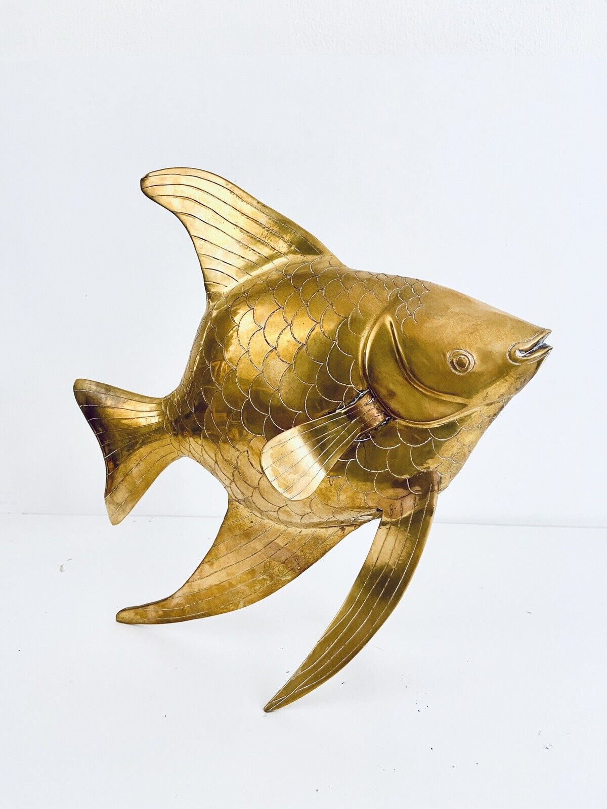 Vintage Solid Large Brass Angelfish Sculpture 6.4 Pounds 14” H x 12” W x 6” D