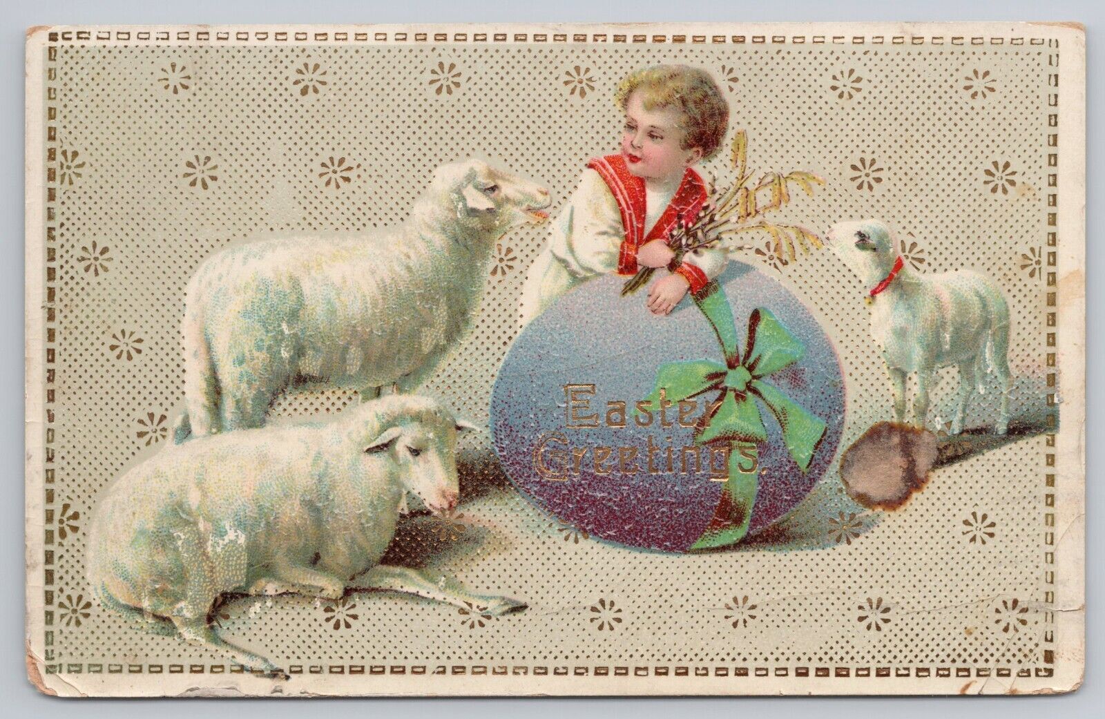Easter Greetings Cute Boy Big Blue Egg Lamb Sheep c1913 Textured Gel Gold Gilt