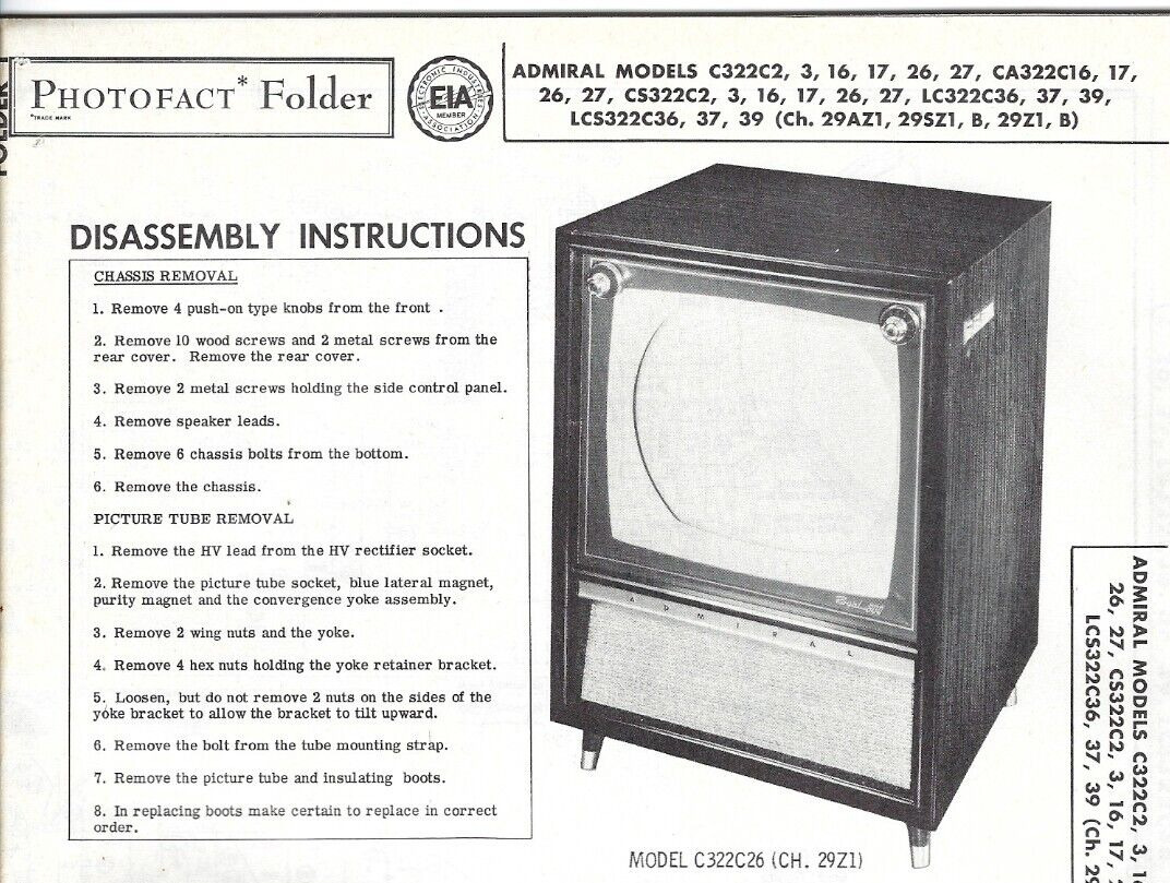 1958 ADMIRAL C322C2 C322C26 TELEVISION Tv Photofact MANUAL CA322C16 LC322C36