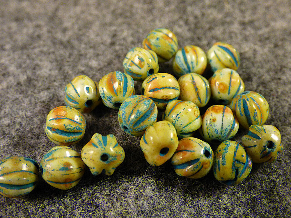 (10) Huron Indian Turquoise Color Melon Glass Indian Trade Beads Fur Trade 1800s