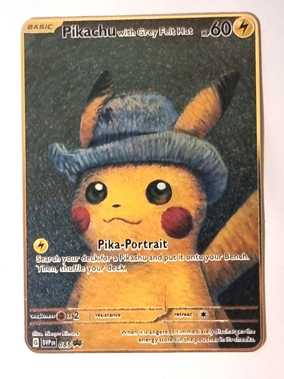 POKEMON Van Gogh PIKACHU with Grey Felt Hat GOLD METAL Fan Art COLLECTABLE CARD