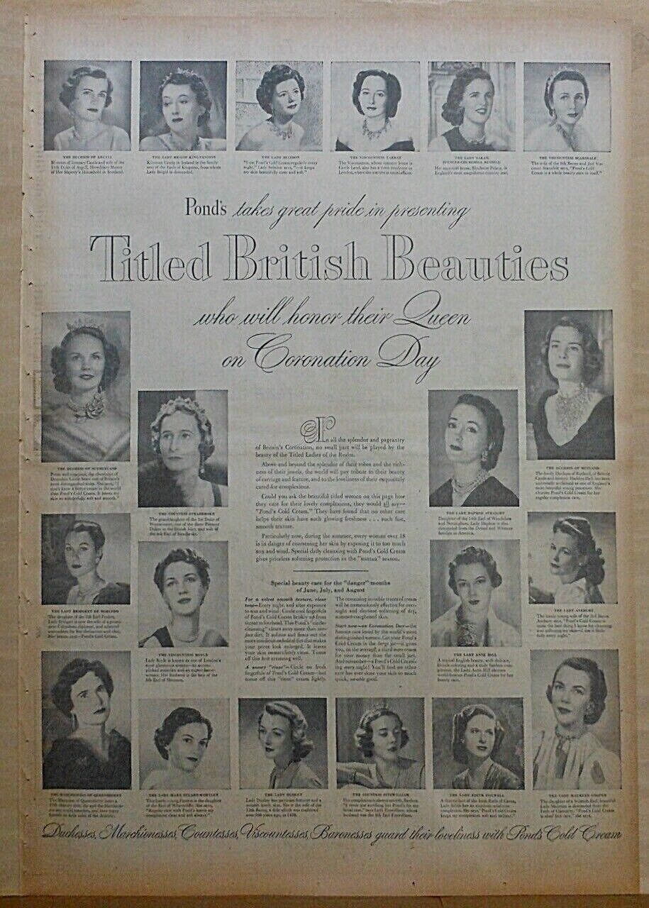 1953 full page newspaper ad for Pond\'s - Titled British Beauties honor Queen