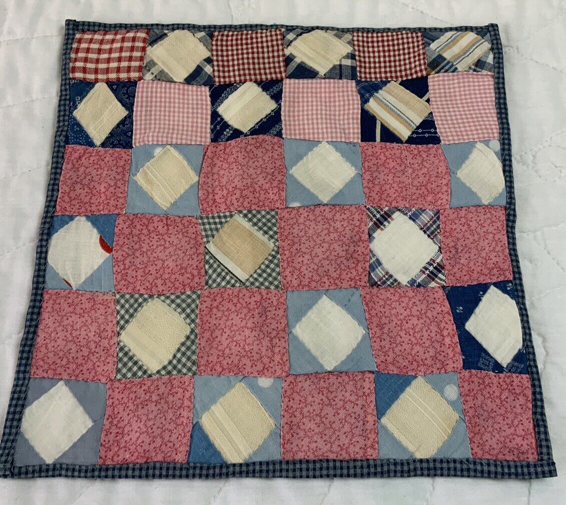 Antique Vintage Table Topper, Doll Quilt, Sm. Squares & Triangles, Early Calicos
